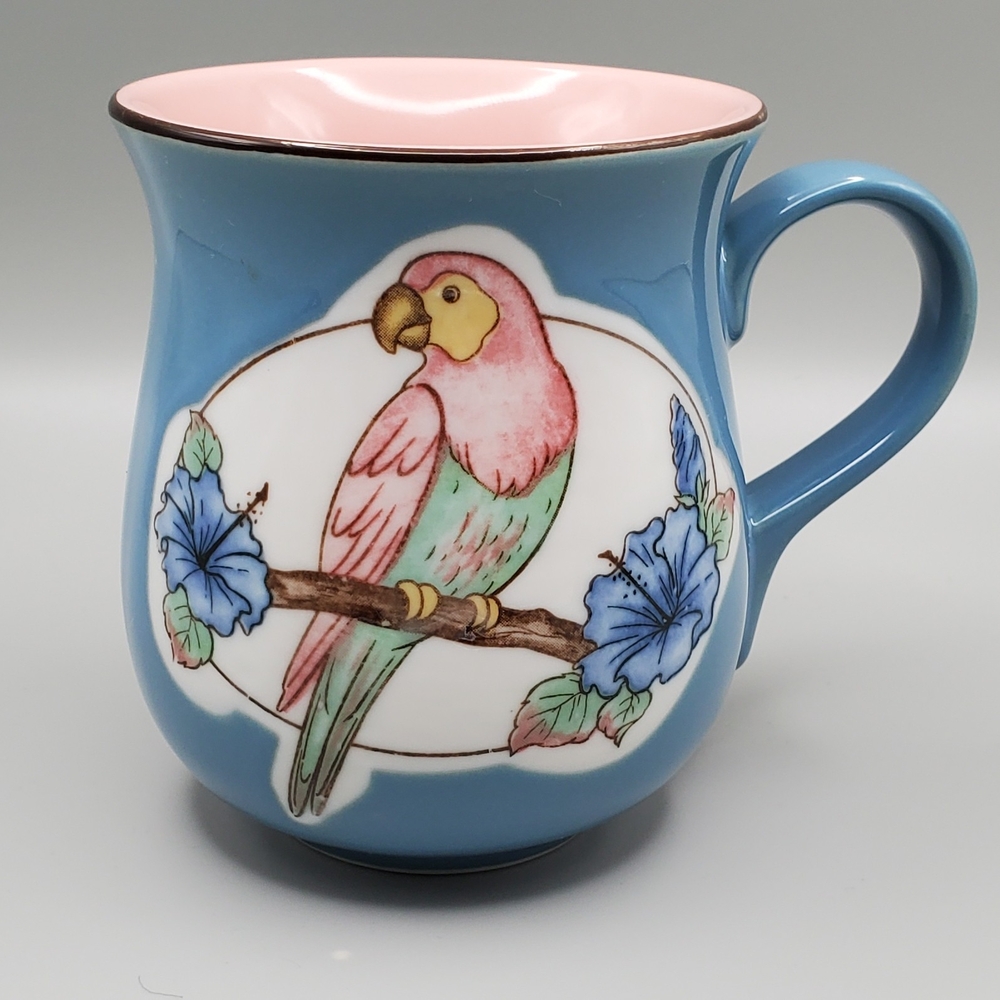 Vintage Norcrest Pink Parrot On Floral Branch  Blue Mug